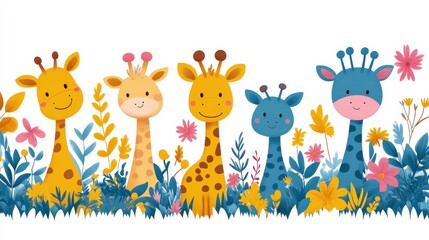 Naklejka premium Cute and Colorful Animal Illustrations Featuring Friendly Giraffes Surrounded by Vibrant Flowers and Lush Greenery Perfect for Children's Art, Decor, and Educational Materials
