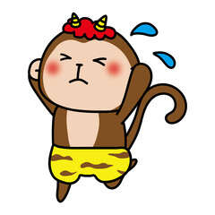 逃げる赤鬼の格好をした猿