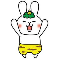 ガォーと脅かしている青鬼の格好をした白いうさぎ