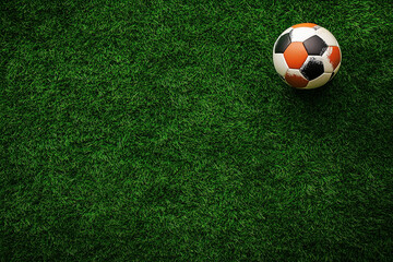 Photograph of sports equipment such as a basketball, football, and soccer ball on a green grass background with copy space for text.  Made by AI