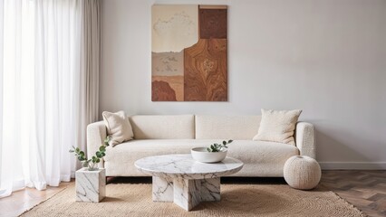 Generative AI, Contemporary living room with textured sofa and neutral tones