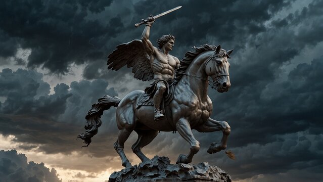 Statue of Perseus with Pegasus, riding the winged horse and holding a victorious sword high, with a stormy sky filled with lightning in the backdrop, carvings highlighting their seamless partnership.