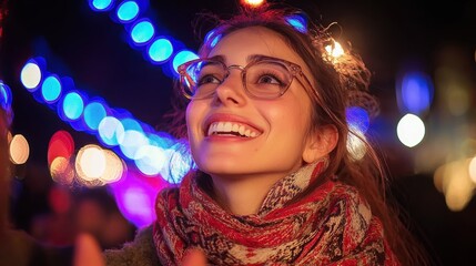 Joyful Woman at Night with Bokeh Lights