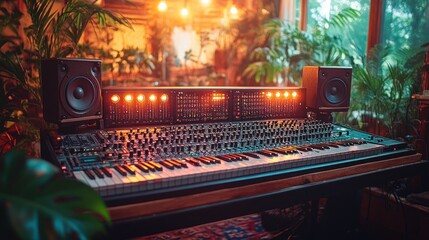 Professional music mixing console with keyboard and speakers in a home studio setting surrounded by plants.