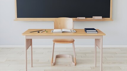 Clean illustration of modern classroom with desk, chair, blackboard, and wooden floor.