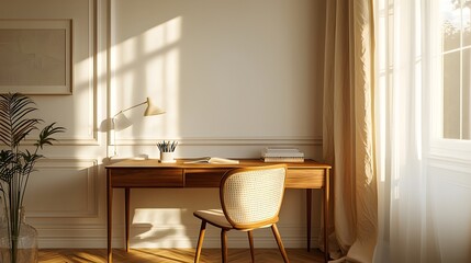 A minimal workspace with a classic wooden desk, neutral chair, and soft evening light, photographed in portrait