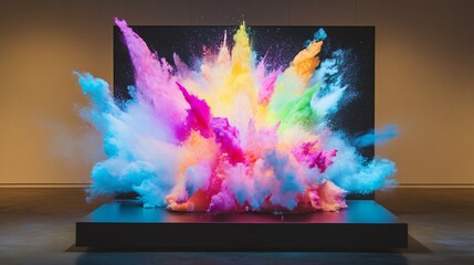 TV screen with colorful smoke explosion on dark background. 3D rendering.