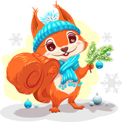 Red squirrel in blue hat holding christmas tree branch with ball decoration. Vector cartoon illustration isolated on white