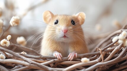 Cute brown mouse with round ears peeking from a nest of twigs and dried flowers, showcasing adorable features and vibrant eyes in a soft, natural setting.