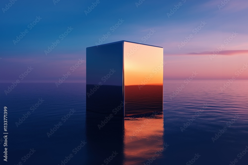 Aufkleber Reflective monolith on calm ocean surface during sunset creating a surreal and modern atmosphere