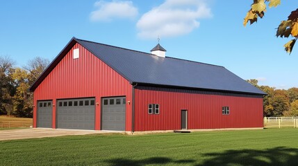 Obraz premium A red barn with a metal roof, featuring garage doors and a cupola, set in a grassy landscape.