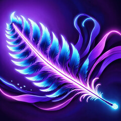 Obraz premium A stylized image of a single feather pen glowing with neon blue and purple light, surrounded by abstract purple swirls against a dark purple background.