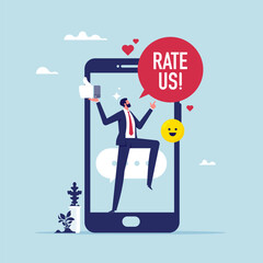 Customer feedback and online rating, rate us illustration, businessman asks customers to leave a review. Evaluating app, product, service. Feedback consumer, a customer review