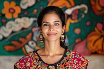 Fototapeta premium Portrait of a smiling indian woman in colorful traditional attire with artistic background elements