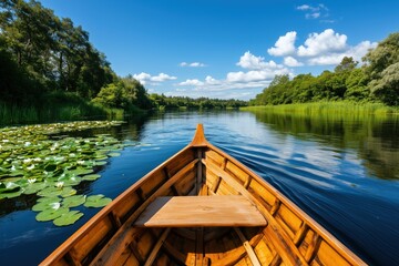 Obraz premium Scenic view from a wooden boat on a tranquil lake surrounded by lily pads and lush greenery