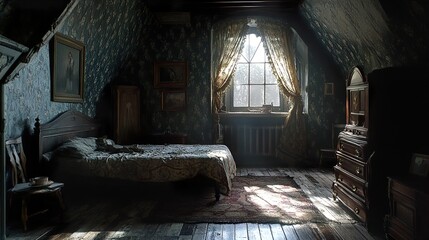 Dark Vintage Bedroom Interior: A Mysterious Attic Room