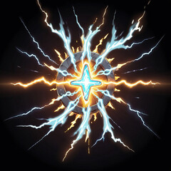 A circular symbol with a glowing blue star in the center surrounded by lightning bolts radiating outwards. A golden aura illuminates the design.
