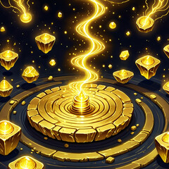 A circular golden platform with concentric rings is surrounded by golden glowing orbs and a swirling beam of golden energy. The platform has a central pillar with a radiant glow, suggesting a ritualis