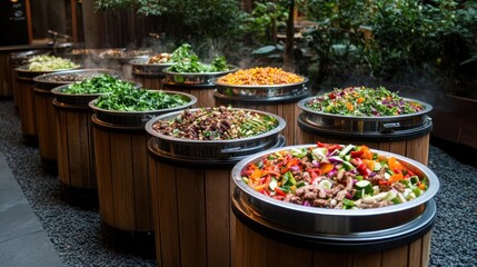Steaming bowls of assorted fresh vegetables and meats in a wooden barrel buffet.
