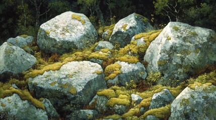 Moss-Covered Rocks in a Woodland Setting