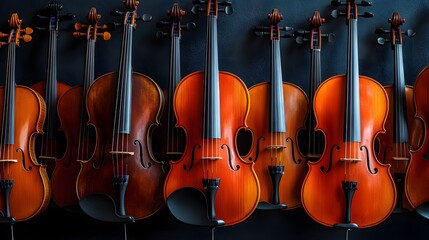 Fototapeta premium Row of violins displayed against a dark background
