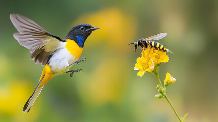 Fototapeta premium Colorful bird interacts with a bee near vibrant yellow flowers in a natural setting