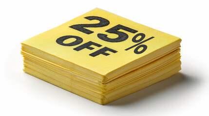 Stack of Yellow Discount Stickers, 25% Off Sale Concept, Isolated on White Background