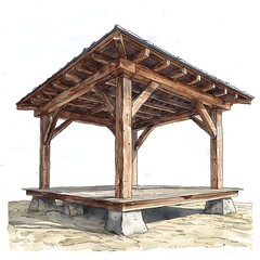 Architectural rendering of a rustic wooden gazebo with a gabled roof, situated on a sandy surface.