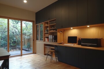 Modern Home Office with Wooden Accents and Garden View