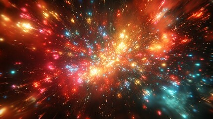 Abstract burst of vibrant colorful light radiating outward in space.