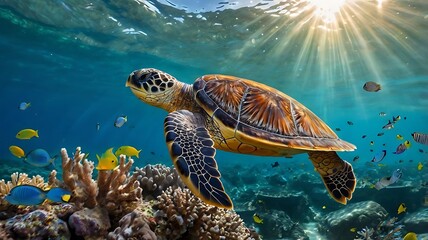Sea Turtle Gliding Over Vibrant Coral Reef with Tropical Fish in Crystal Clear Ocean