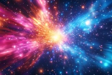 Abstract cosmic explosion radiating vibrant colors through space.