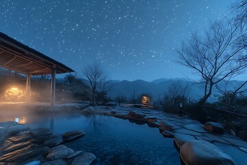 Obraz premium Starry Night Onsen: Serene Japanese Hot Spring Bath Under a Celestial Canopy