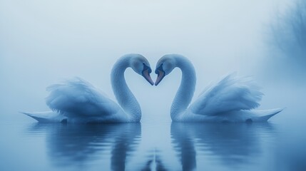 Two Swans Forming a Heart in Misty Water
