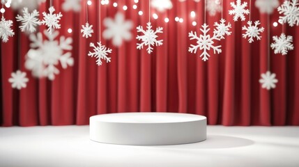 Festive White Podium with Hanging Snowflakes Against Red Drape