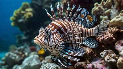 Vibrant Lionfish with Flowing Fins in a Colorful Coral Reef