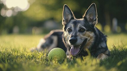 Happy dog enjoys sunny day in the park while playing with a tennis ball