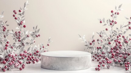 Festive Silver Podium with Snowy Berries and Copy Space