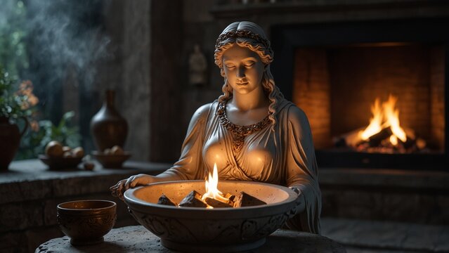 Statue of Hestia, goddess of the hearth, holding a warm fire bowl, with a cozy domestic scene in the backdrop, carvings highlighting her protective power over home and peace.