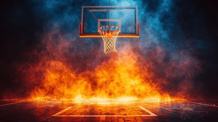 Dramatic basketball hoop with flames and smoke on the court, creating an intense atmosphere of energy, competition, and passion for the sport.