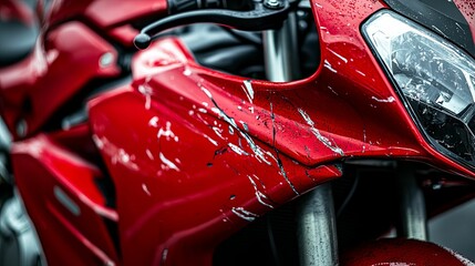Damaged Red Motorcycle Fairing Close Up