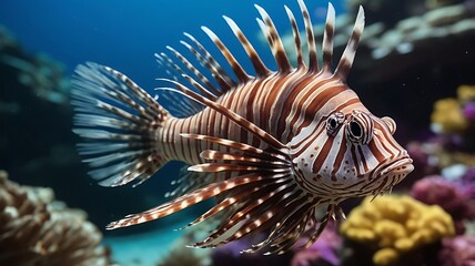 Vibrant Lionfish with Flowing Fins in a Colorful Coral Reef