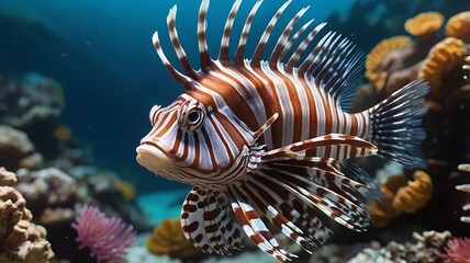 Vibrant Lionfish with Flowing Fins in a Colorful Coral Reef