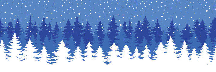 Coniferous trees and snowfall, minimalistic winter landscape, seamless border, vector design