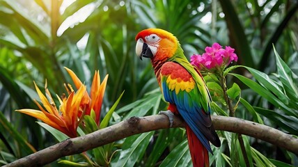 Obraz premium Colorful Scarlet Macaw Perched on a Tropical Branch Surrounded by Exotic Flowers