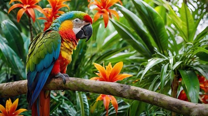 Obraz premium Colorful Scarlet Macaw Perched on a Tropical Branch Surrounded by Exotic Flowers