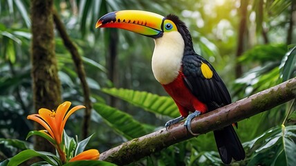 Obraz premium Vibrant Toucan Perched on a Branch in a Tropical Rainforest