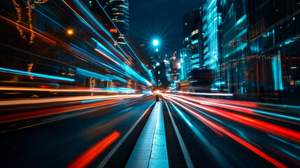 City streets illuminated at night with blurred light trails from moving traffic