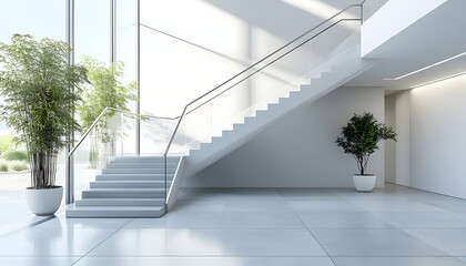 Obraz premium Modern interior featuring a staircase, plants, and large windows for natural light.