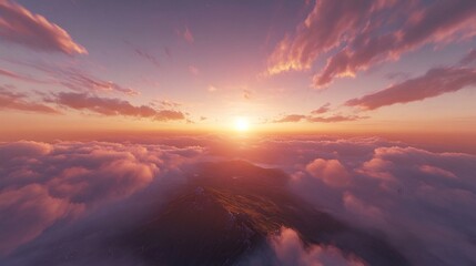 Aerial sunset view above fluffy pink clouds and mountains.